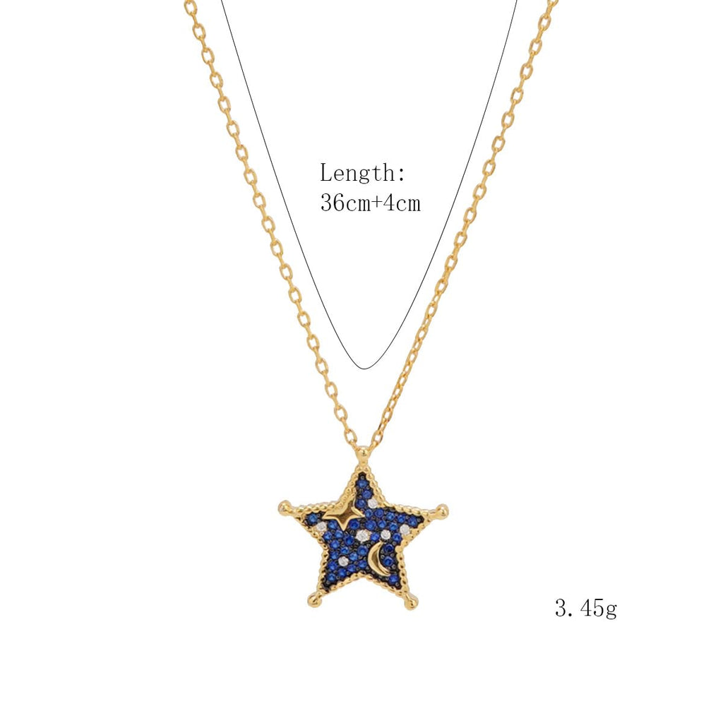 Midnight Sky Necklace for Women, 14K Gold Plated 925 Sterling Silver Star & Moon Pendant, Deep Blue Zirconia with White Sparkling Stones, Adjustable Celestial Jewelry Gift for Lover