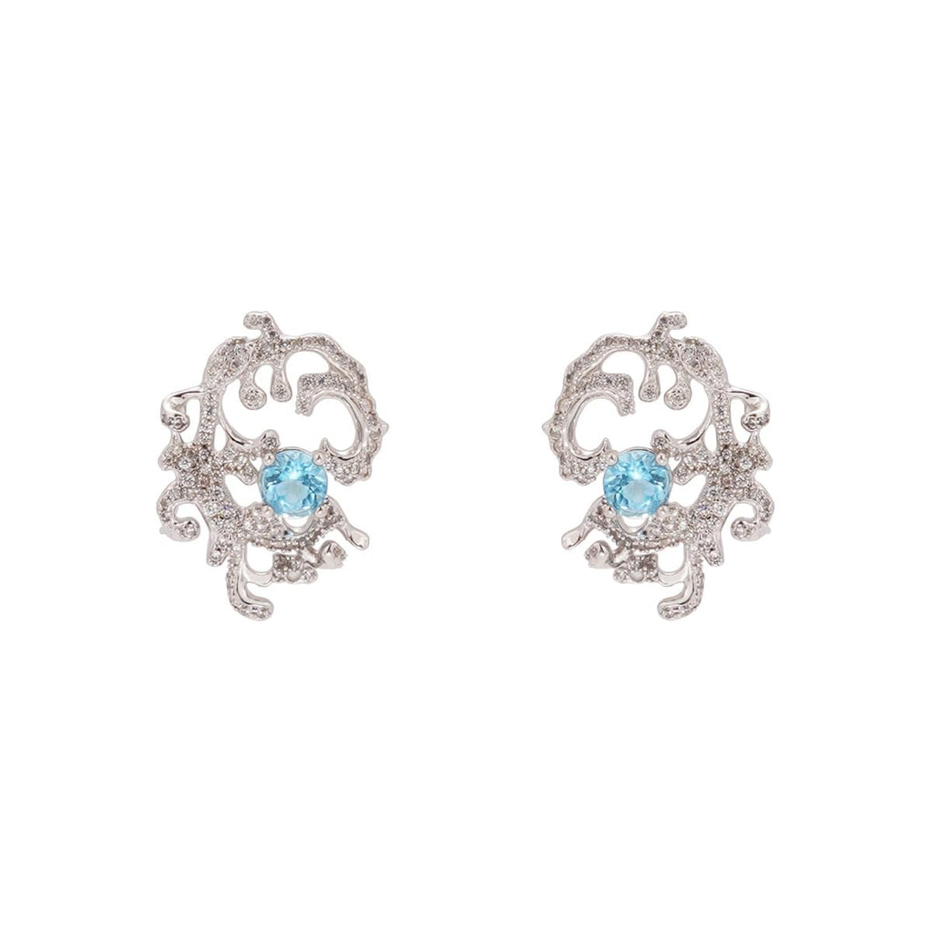 Ocean Wave Stud Earrings for Women, 925 Sterling Silver Earrings with Blue Topaz & Cubic Zirconia, Hypoallergenic Coastal Jewelry, Gift for Her