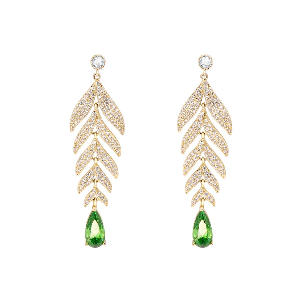 Tropical Leaf Drop Earrings for Women, 14K Gold Plated 925 Sterling Silver Dangling Earrings, Leaf Design with Green Zirconia, Luxury Nature Inspired Jewelry Gift