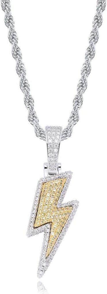YOSZO Hip Hop Lightning Bolt Design Pendant 18k Gold Plated Iced Out Cubic Zirconia Pendant Necklace with Micropave Simulated Diamond for Men Women