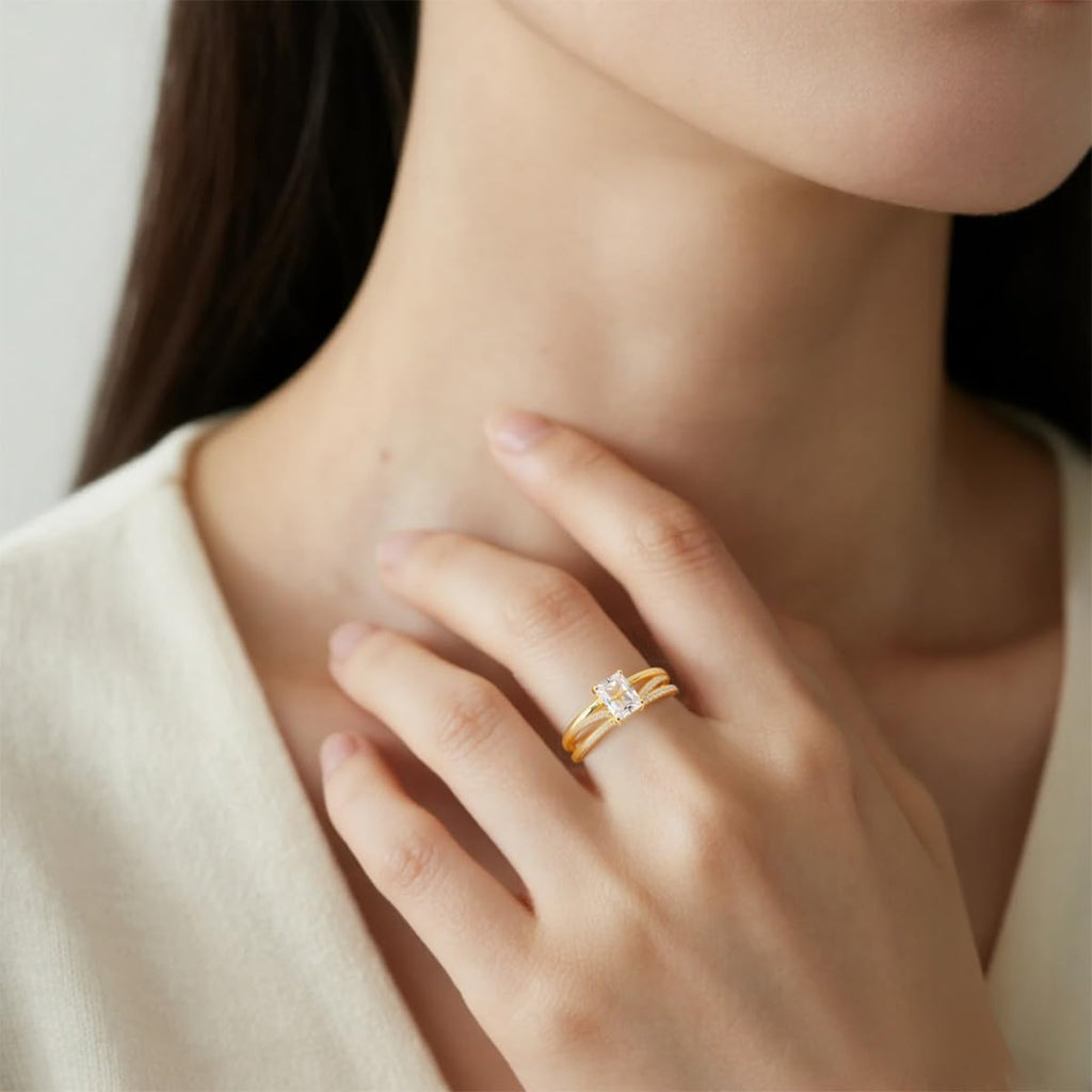 Glimmer Open Ring for Women, 14K Gold Plated 925 Sterling Silver, Square Cubic Zirconia with Star Engraving, Adjustable Self-Love Jewelry, Empowering Gift for Her