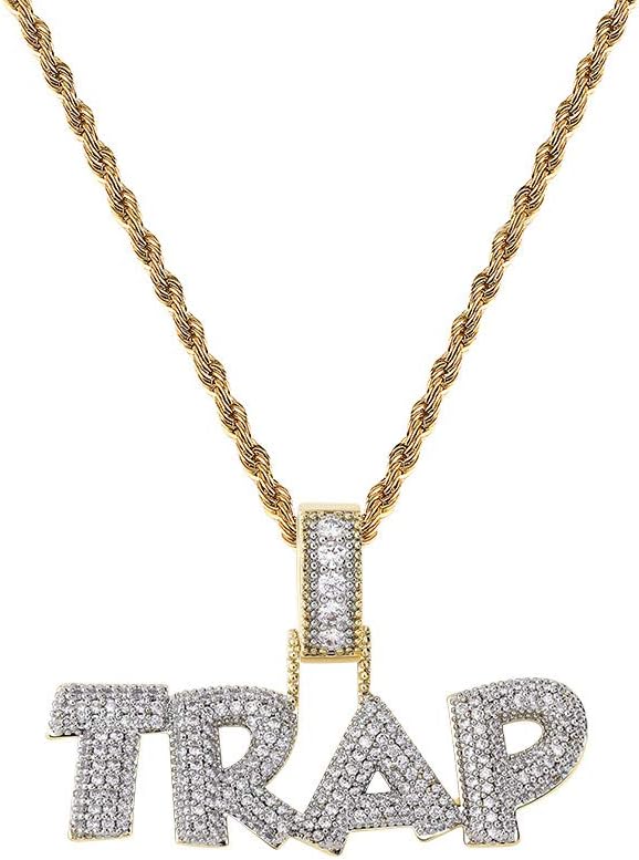 YOSZO Hip Hop Iced Out Trap Letter Pendant 14K Gold Plated Simulated Diamond Cubic Zirconia Bubble Chain Necklace for Men Women Gift