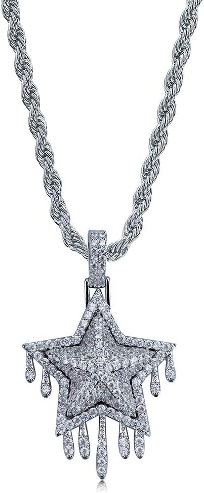 YOSZO 14K Gold Plated Simulated Diamond CZ Drop Pentagram Pendant Chain for Men and Women Necklace Hip Hop Jewelry