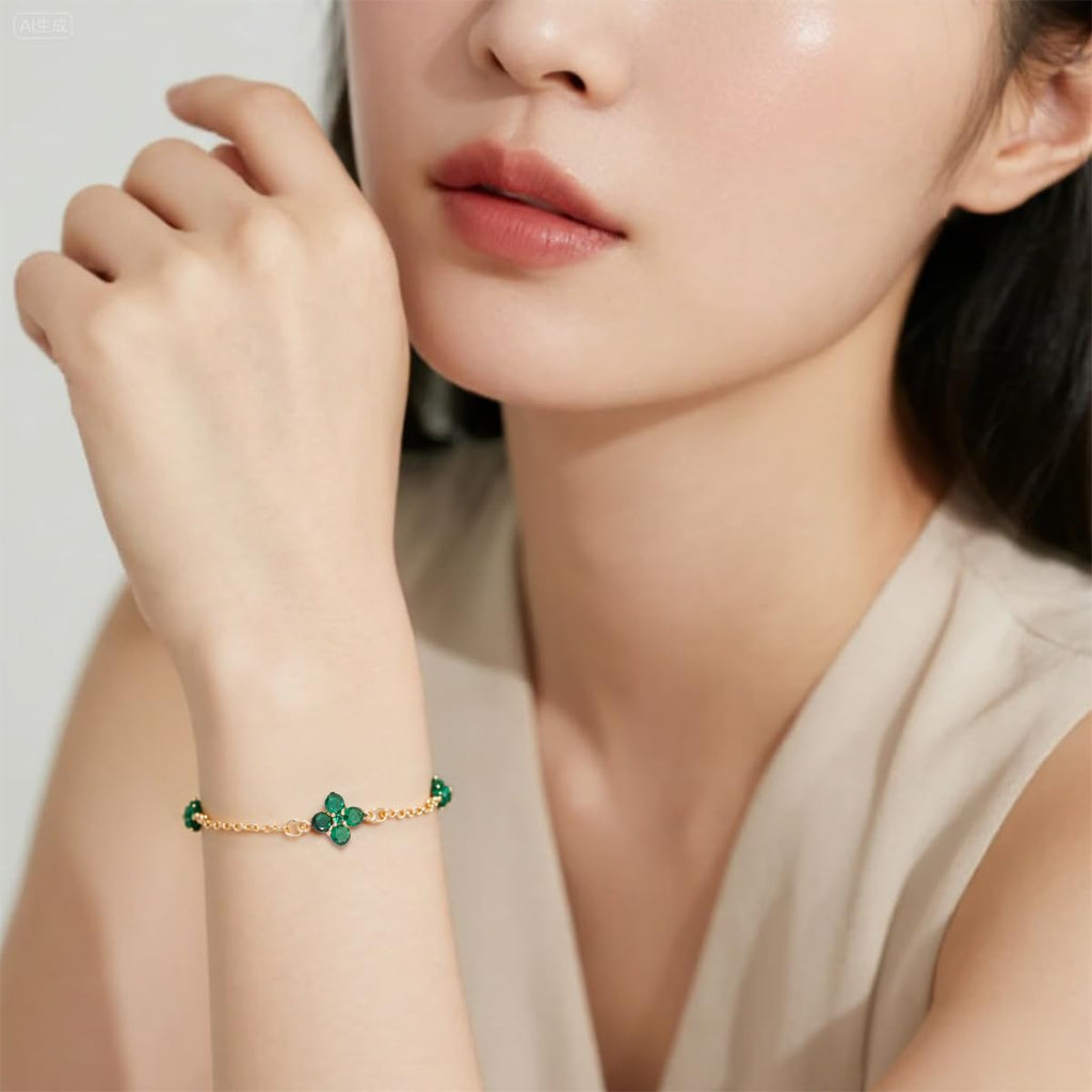 Lucky Four Leaf Clover Gold Chain Bracelet for Women, 14K Gold Plated Adjustable Clover Bracelet, Elegant Green Clover Jewelry Gift for Valentine's Day & Mother's Day