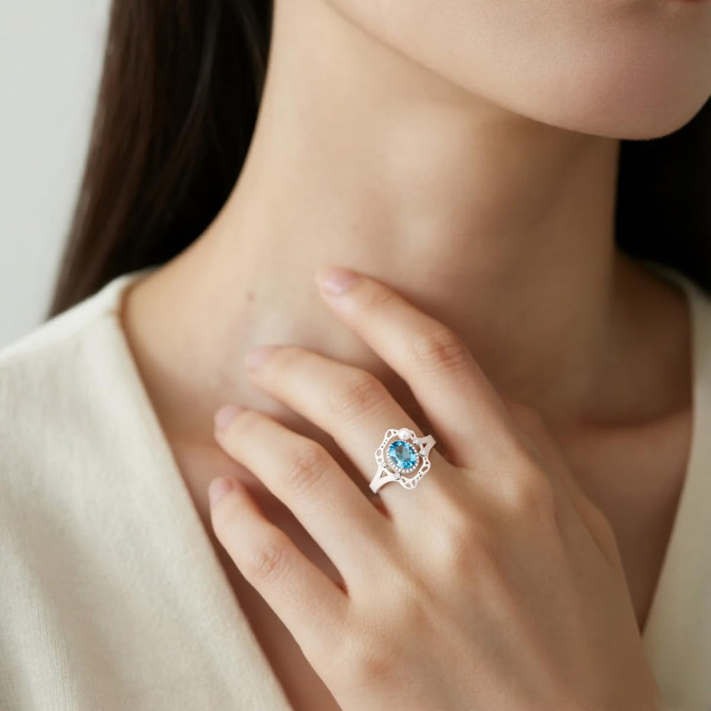 Light Blue Topaz Birthstone Adjustable Ring, December Birthstone 925 Sterling Silver Ring with Zircon Halo, Size 7 Wave Design Coastal Jewelry Gift for Women