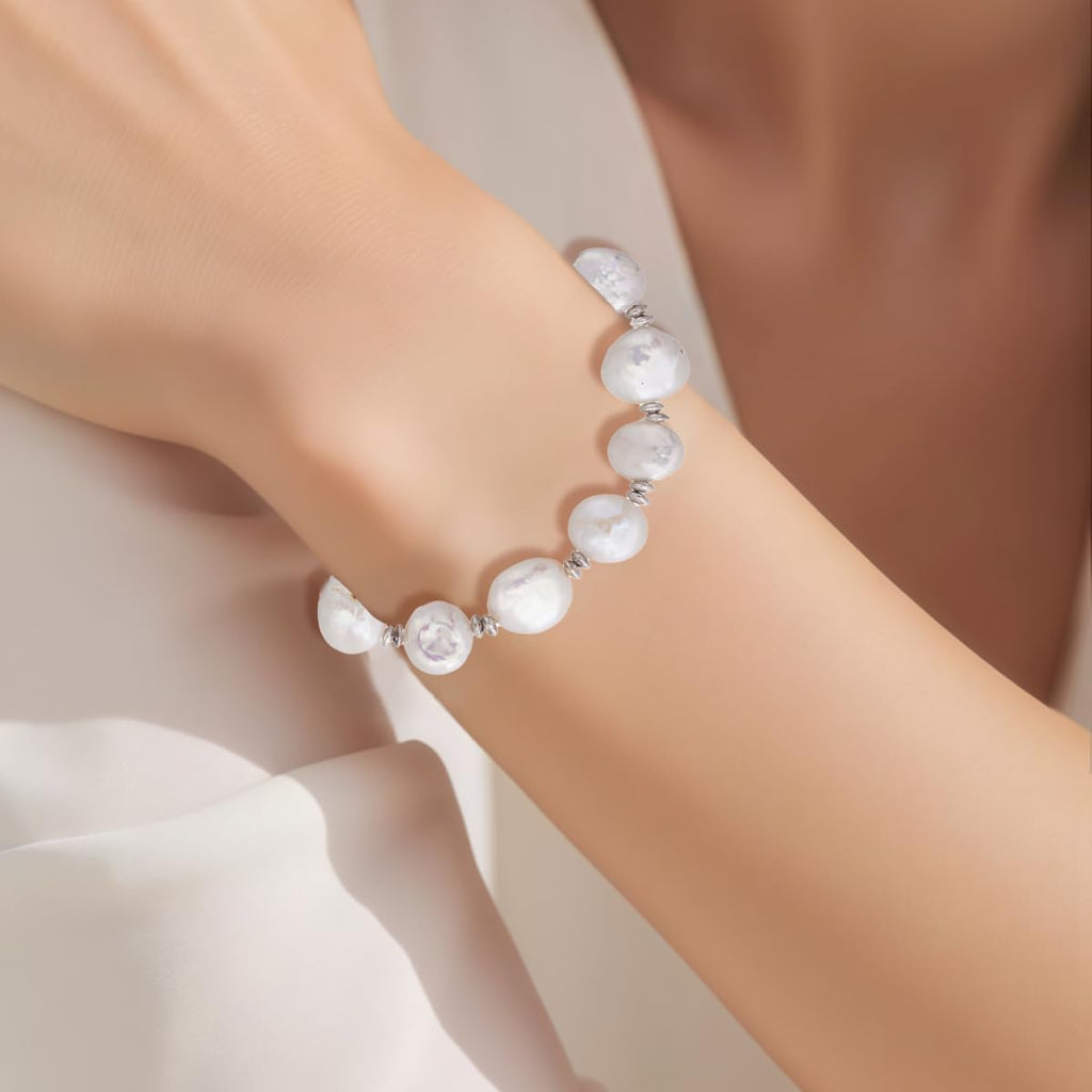 Natural Freshwater Pearl Bracelet  -  Fixed Length 925 Sterling Silver with OT Clasp | Hypoallergenic Women's Gift for Wedding/Birthday