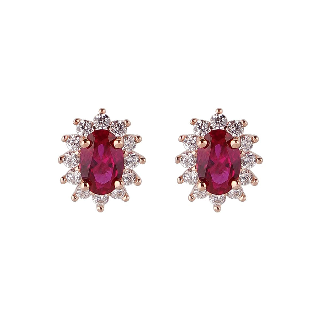 Vintage Halo Oval Stud Earrings for Women, 14K Rose Gold Plated 925 Sterling Silver with Ruby Gemstone & Zirconia, Elegant Gift for Her
