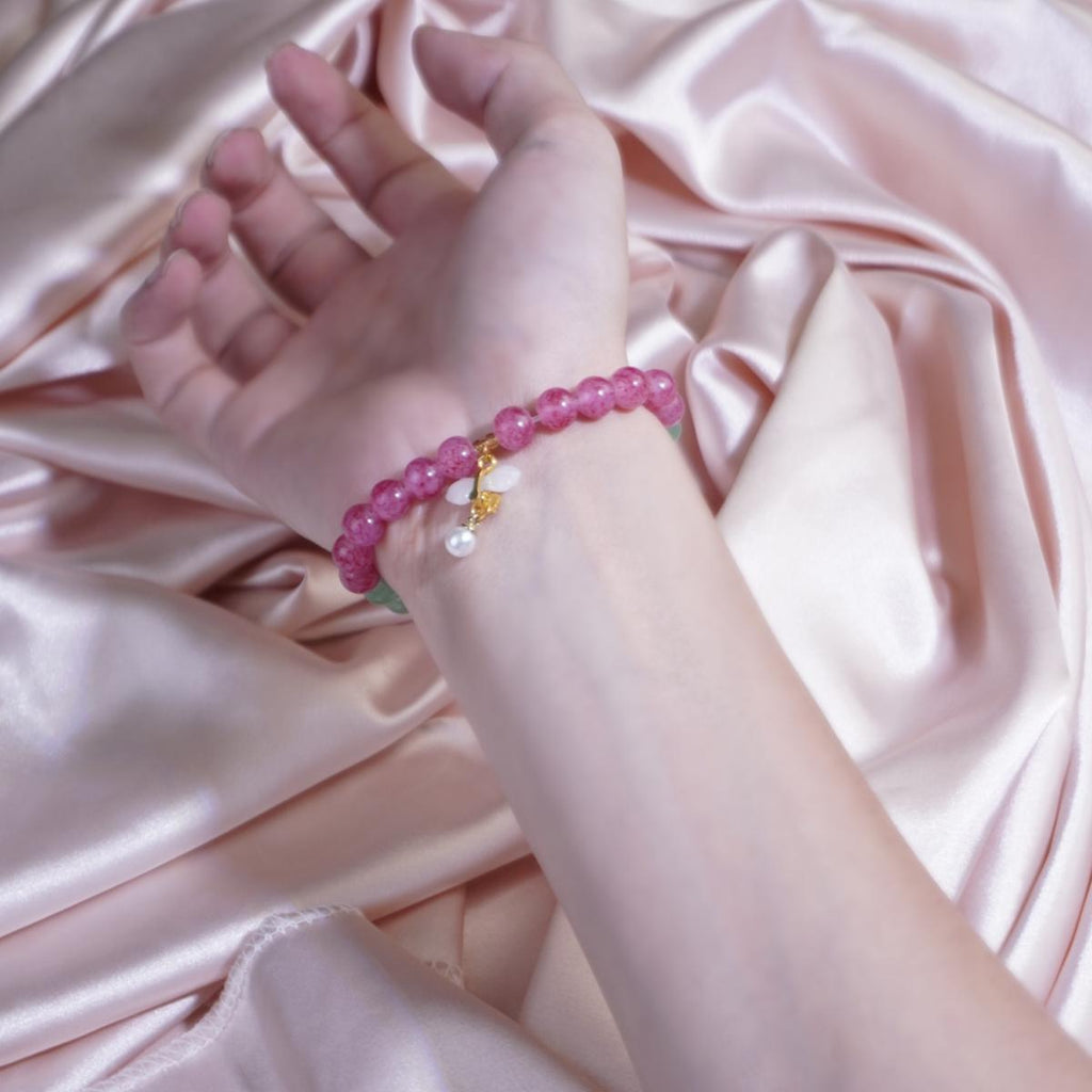 Gelang Manik, Hijau dan Merah Jambu, dengan Pesona, Aksen Merah, Barang Kemas Elegan, Hadiah untuk Wanita, Gelang