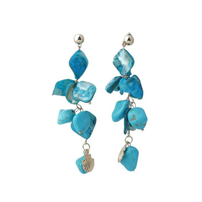 【Drop Earrings】Silver & Oceanic Natural Accent Earrings - Blue Stone & Mother-of-Pearl Layers - Seaside-Inspired Textured Elegance for Women