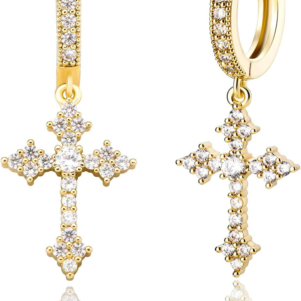 YOSZO Cross Hoop Dangle Earrings 14K Gold 5A+ Cubic Zirconia Cartilage Hypoallergenic Sterling Silver Cross Dangle Drop Earrings For Men Women