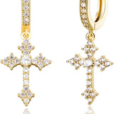 YOSZO Cross Hoop Dangle Earrings 14K Gold 5A+ Cubic Zirconia Cartilage Hypoallergenic Sterling Silver Cross Dangle Drop Earrings For Men Women