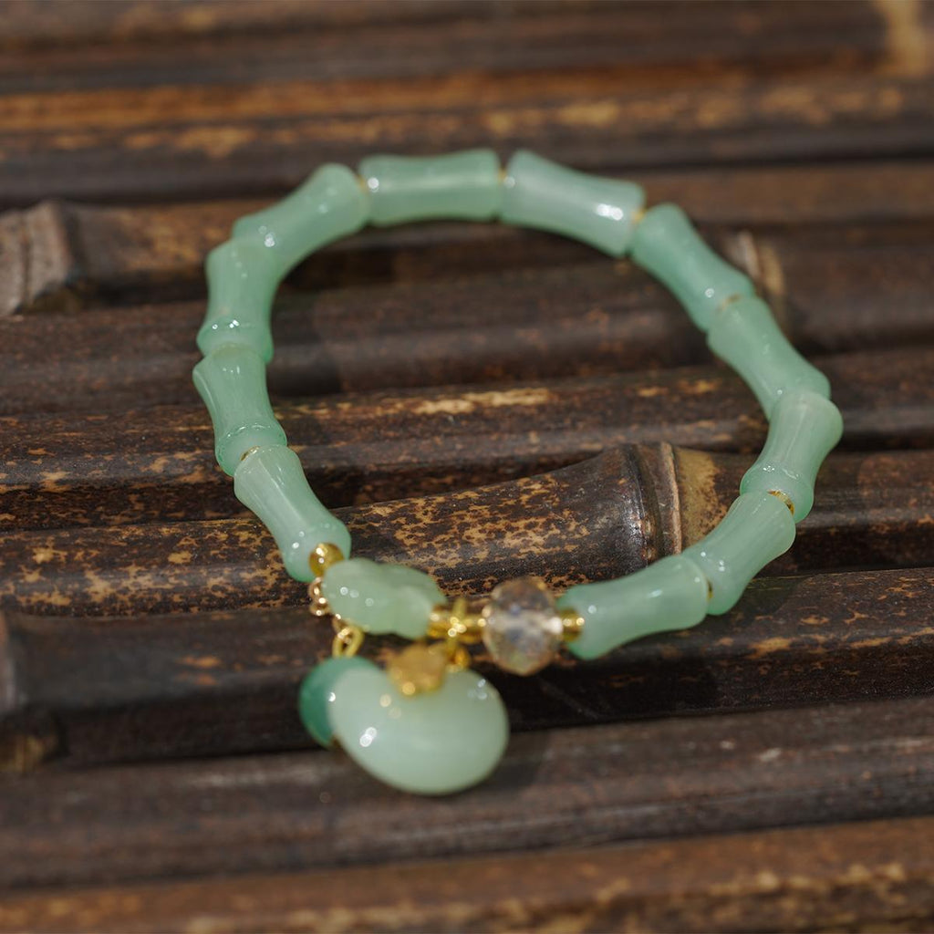 Gelang Manik, Jed Hijau dan Bahan Buluh, dengan Pesona Teratai Bersalut Emas, Boleh Laras, Hadiah Barang Kemas untuk Wanita, Gelang