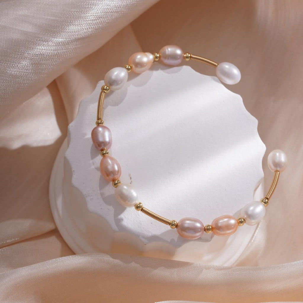 【Bracelet】Open-Ended Design Copper Bracelet with Three Colors Natural Pearl, Low-Profile Delicate Bracelet for Women
