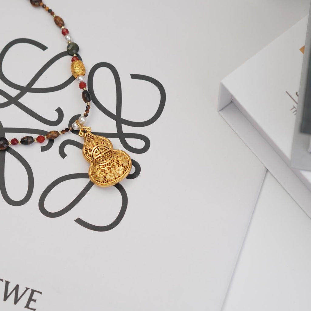 【Pendant Necklace】Oriental Boho Beaded Necklace, Copper & Gemstone Jewelry, Lucky Gourd Charm, Ethnic Layering Piece for Women
