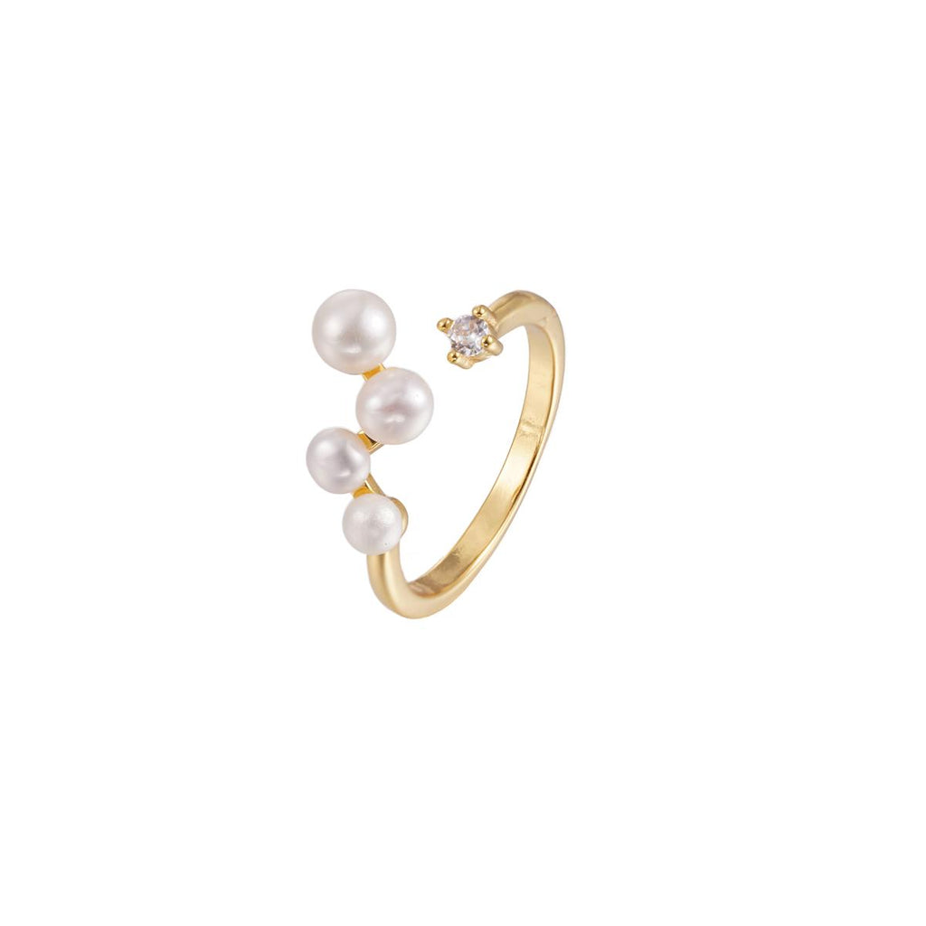 Adjustable Pearl & Crystal Ring, Antique Gold Copper Jewelry, Minimalist Boho Chic Statement Piece for Women