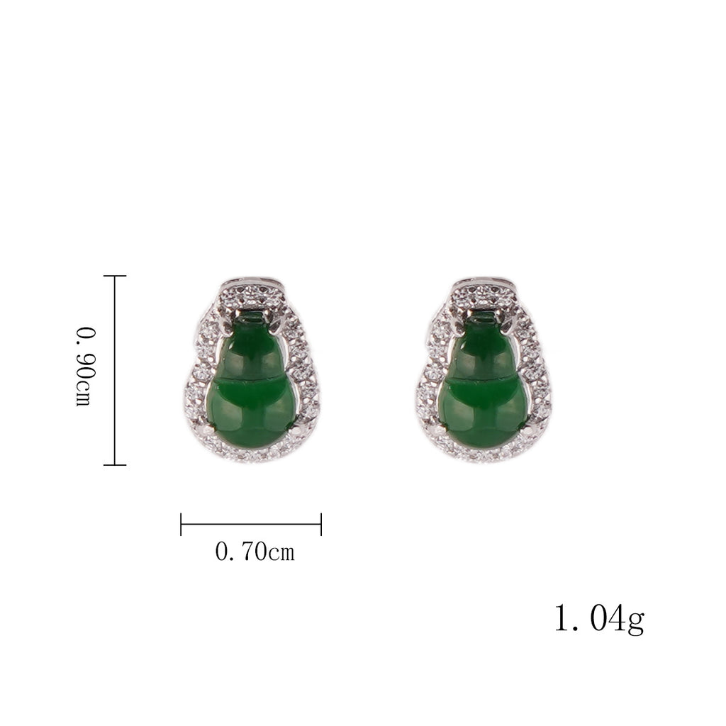 Gourd Stud Earrings, 925 Sterling Silver Green Jade Earrings with Cubic Zirconia, Lucky Hulu Symbol Earrings for Women, Minimalist Studs, Meaningful Gift