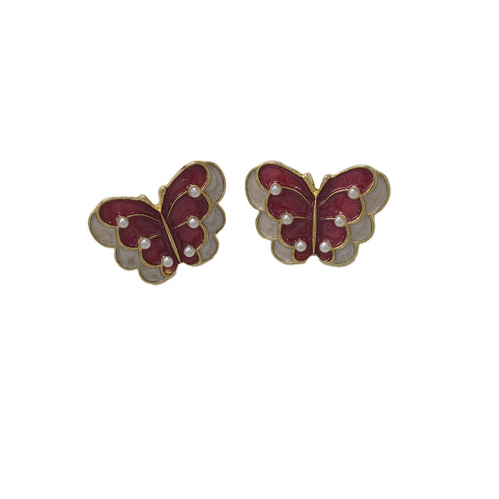 Subang Stud, Lapisan Merah-Putih Bermata Emas, Enamel Rama-rama, Gaya Vintaj