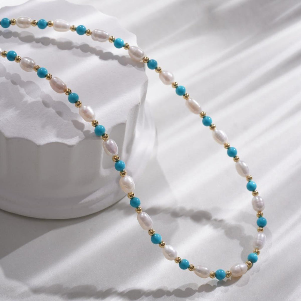 【Necklace】Turquoise Stone Natural Freshwater Pearl Copper Necklace,Delicate Jewelry for Women