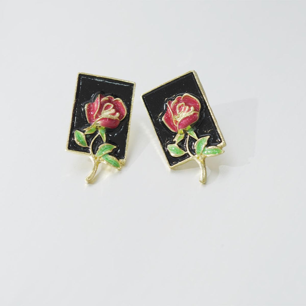 Subang Stud, Berwarna Emas, Enamel, Kancing Persegi Mawar Merah, Gaya Mahkamah, untuk Wanita, Hitam-Merah