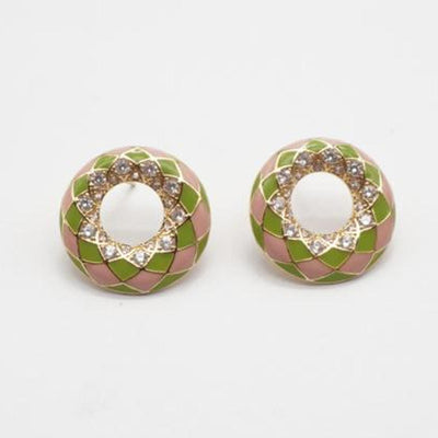 【Stud Earrings】Enamel Pink-Green Earrings with Zircon Inlaid, Sweet & Cool Style for Fashion Women