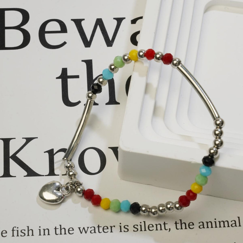 Gelang Manik, Berbilang Warna, dengan Aksen Aloi Perak, Rekaan Pesona Hati Bergaya, Sesuai untuk Gaya Harian Belia Biru Bangles