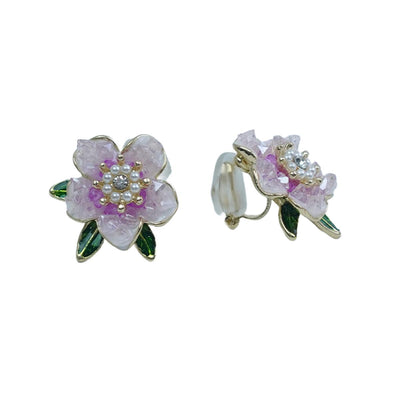 【Earrings】Crystal Petals Clip/Stud Earrings with Enamel Green Leaves, Pearl & Zircon Accents, Sweet&Romantic for Ladies