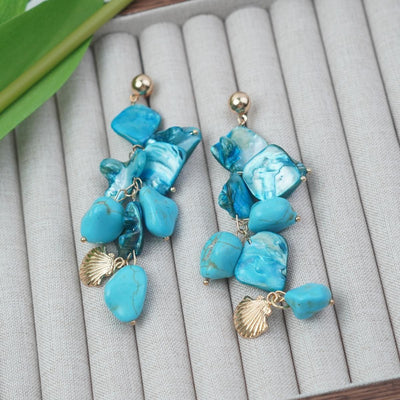 【Earrings/Necklace】Blue Natural Stone Earrings/Necklace with Metel Shell Charms, Unique Textured Design for Beachy Vibes Lovers