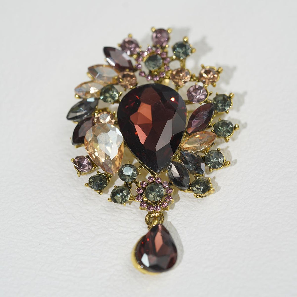 Flower Brooch with Teardrop Pendant - Elegant Gemstone Jewelry for Women