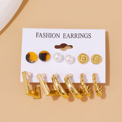 6 Pairs Of Womens Earrings Set New Creative Type C Pearl Geometry Personality Fashion Temperament Earrings