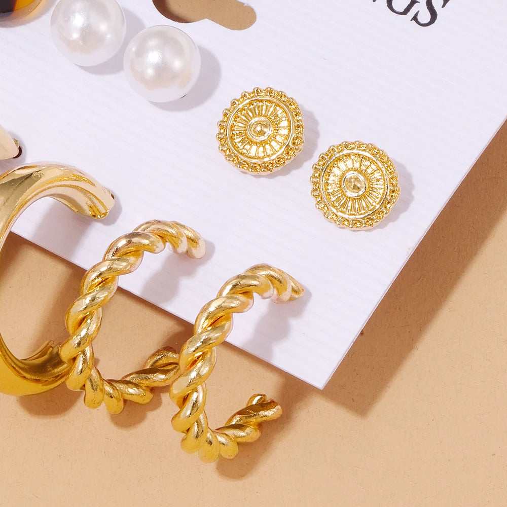6 Pairs Of Womens Earrings Set New Creative Type C Pearl Geometry Personality Fashion Temperament Earrings