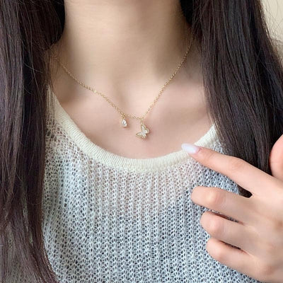 【Pendant Necklace】French Style Alloy Gold-Tone Necklace with Butterfly Charm & Pearl Accents, Minimalist Layered Jewelry for Women, Delicate Everyday Elegance
