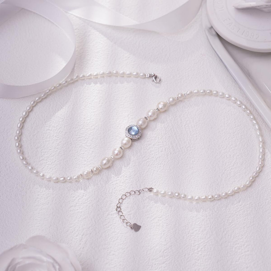 【Necklace】Aquamarine Stone Accent Silver Chain Natural Freshwater Pearl Necklace, Perfect Gift for Women, Best Dating Wear