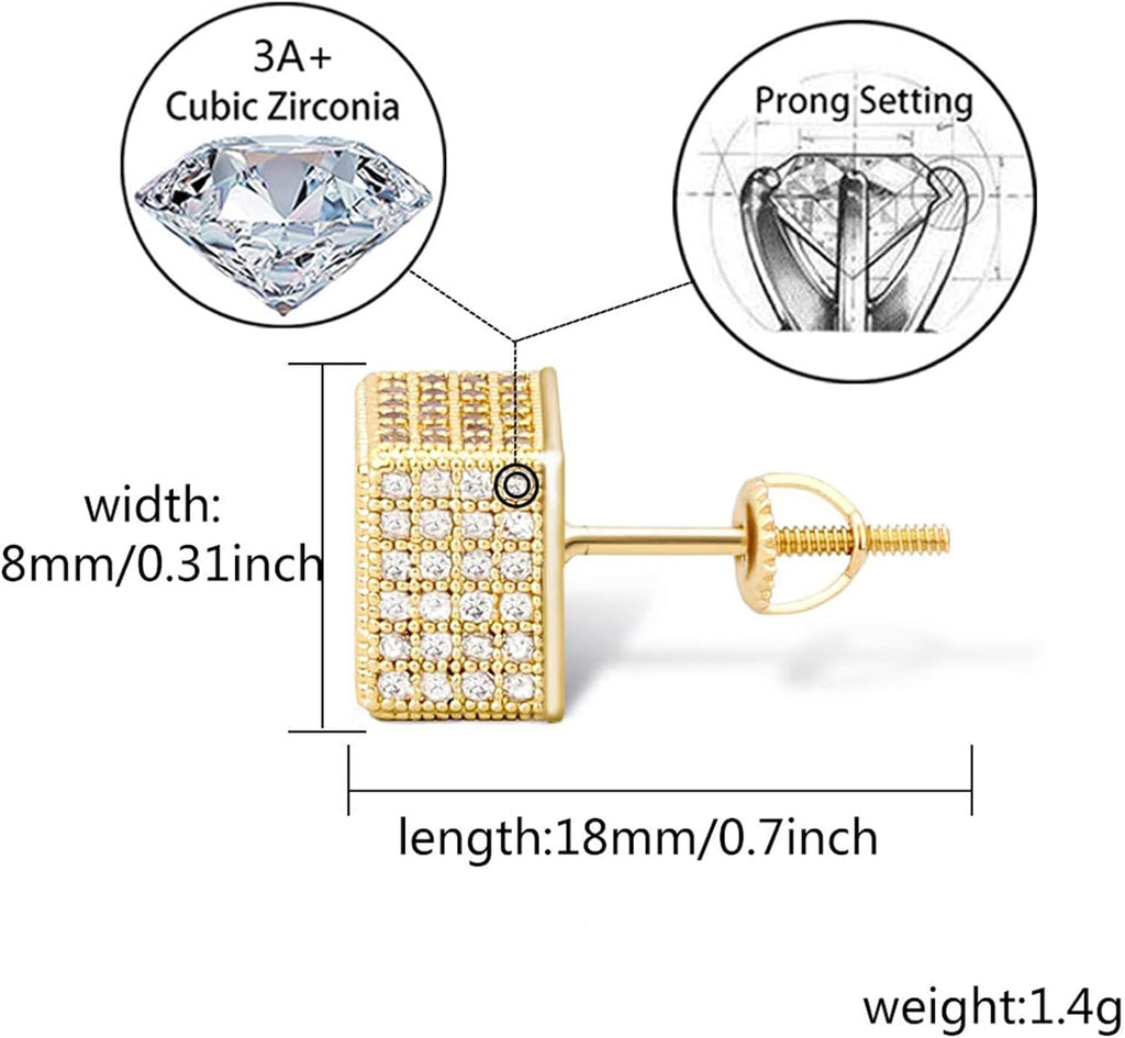 YOSZO 925 Sterling Silver Square Screw Stud Earrings 14K Gold 5A+ Cubic Zirconia Iced Out Square Screw Back Hypoallergenic Cube Large Stud Earrings For Men Women