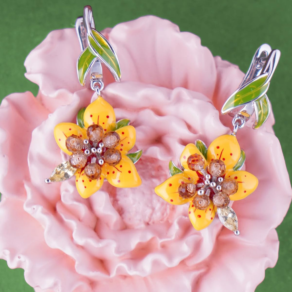 Tropical Botanical Drop Earrings for Women, Copper Earrings with Multicolor Zirconia, Nature Inspired Daily Wear Jewelry Gift