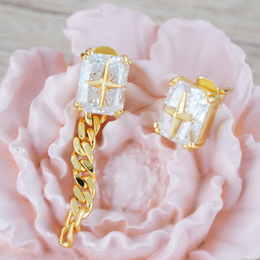 Asymmetrical Stud Earrings for Women, 14K Gold Plated 925 Silver Starburst & Zircon Earrings, Modern Mismatched Pair, Unique Daily Jewelry Gift for Her