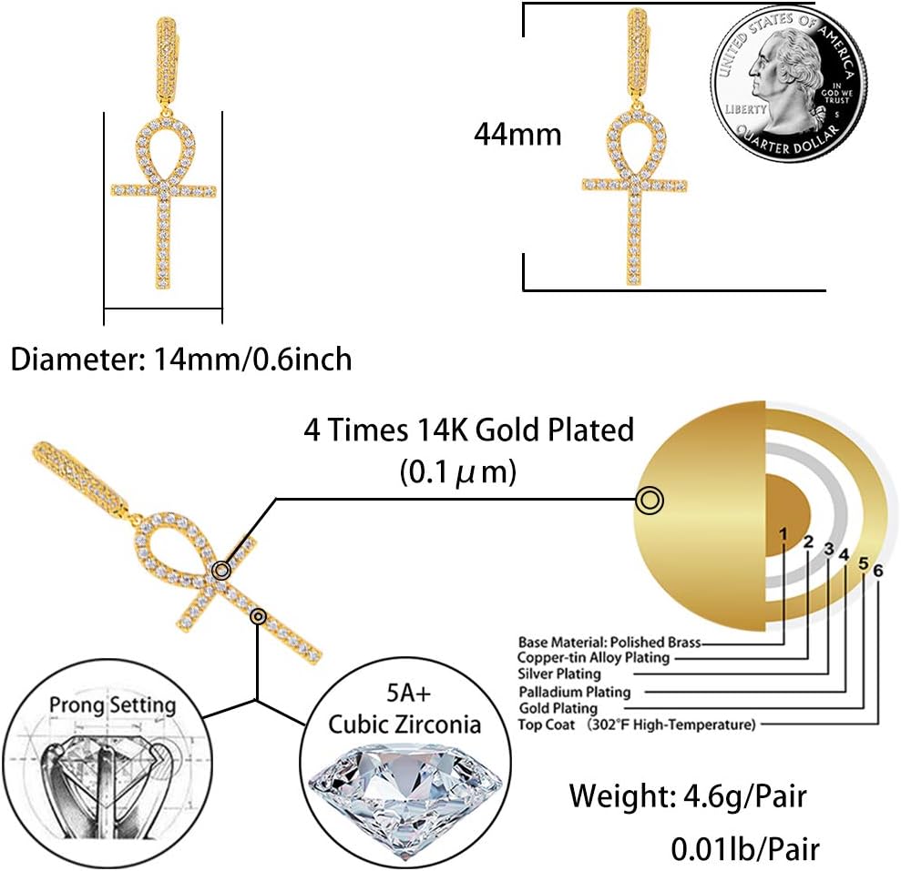 YOSZO Cross Hoop Dangle Earrings 925 Sterling Silver 5A+ Cubic Zirconia 14K Gold Hypoallergenic Cross Hoop Cuff Huggie Drop Earrings For Men Women