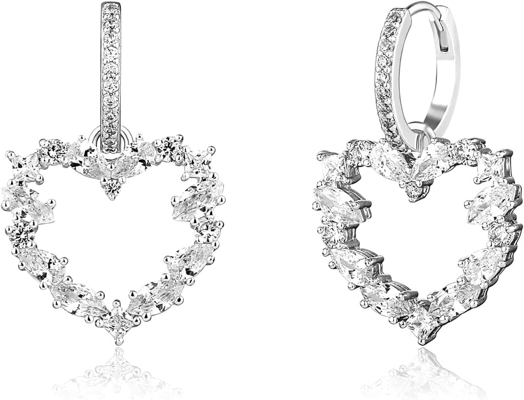 YOSZO Hollow Heart Dangle Huggie Earrings 14K Gold Plated Iced Out Princess Pear Marquise Round Lab Simulated Diamond Cubic Zirconia Dangle Drop Hoop Heart Earrings for Men Women Girls