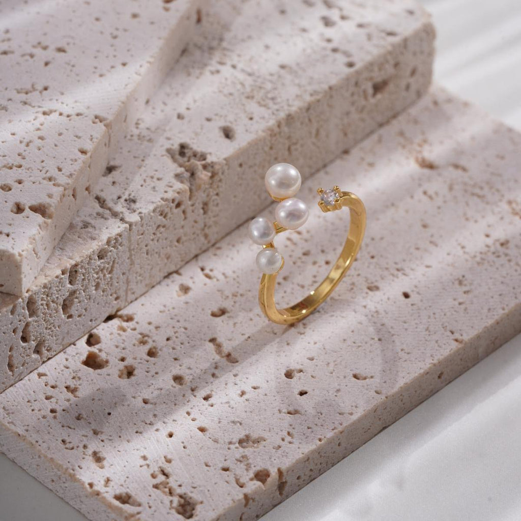 Adjustable Pearl & Crystal Ring, Antique Gold Copper Jewelry, Minimalist Boho Chic Statement Piece for Women