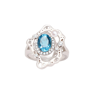 Light Blue Topaz Birthstone Adjustable Ring, December Birthstone 925 Sterling Silver Ring with Zircon Halo, Size 7 Wave Design Coastal Jewelry Gift for Women