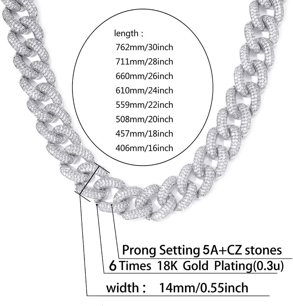 YOSZO Hip Hop 14K Gold Filled 14mm Miami Cuban Link Chains Necklace 6 Times Gold Plated Iced Out Paved Bling Round CZ for Men