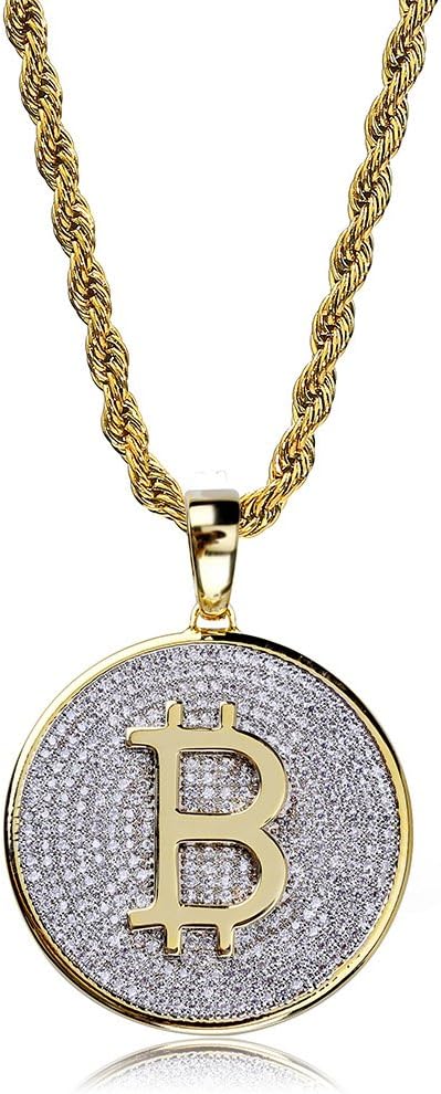 YOSZO Gold Pendant Necklace Men Rope Bitcoin Chain Iced out 14K Gold Plated Cryptocurrency Gold Necklace for Women Stainless Steel Necklace