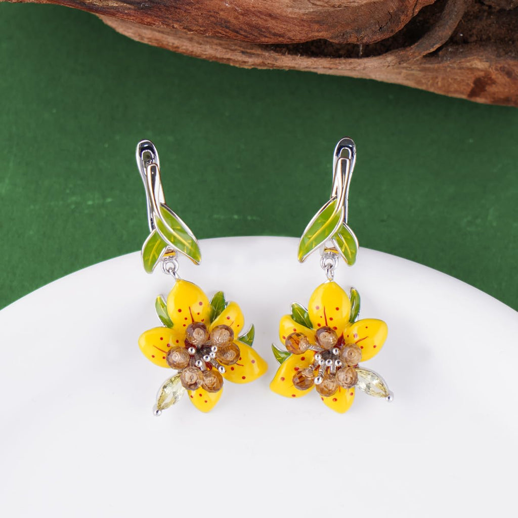 Tropical Botanical Drop Earrings for Women, Copper Earrings with Multicolor Zirconia, Nature Inspired Daily Wear Jewelry Gift