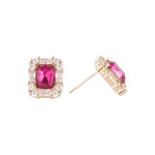 Load image into Gallery viewer, Red Cubic Zirconia Stud Earrings Gold-Tone Copper Princess Cut Gemstone Minimalist Elegant Jewelry for Women