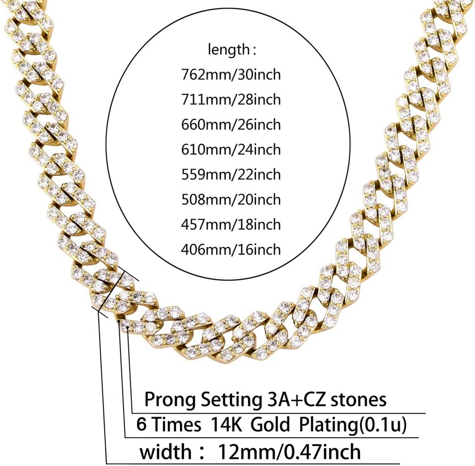 YOSZO 12mm 6 Times 14K Gold Plated Miami Cuban Link Chain Iced out Prong Setting Bling CZ Rapper Choker Chain Necklace for Women (Gold, 18)