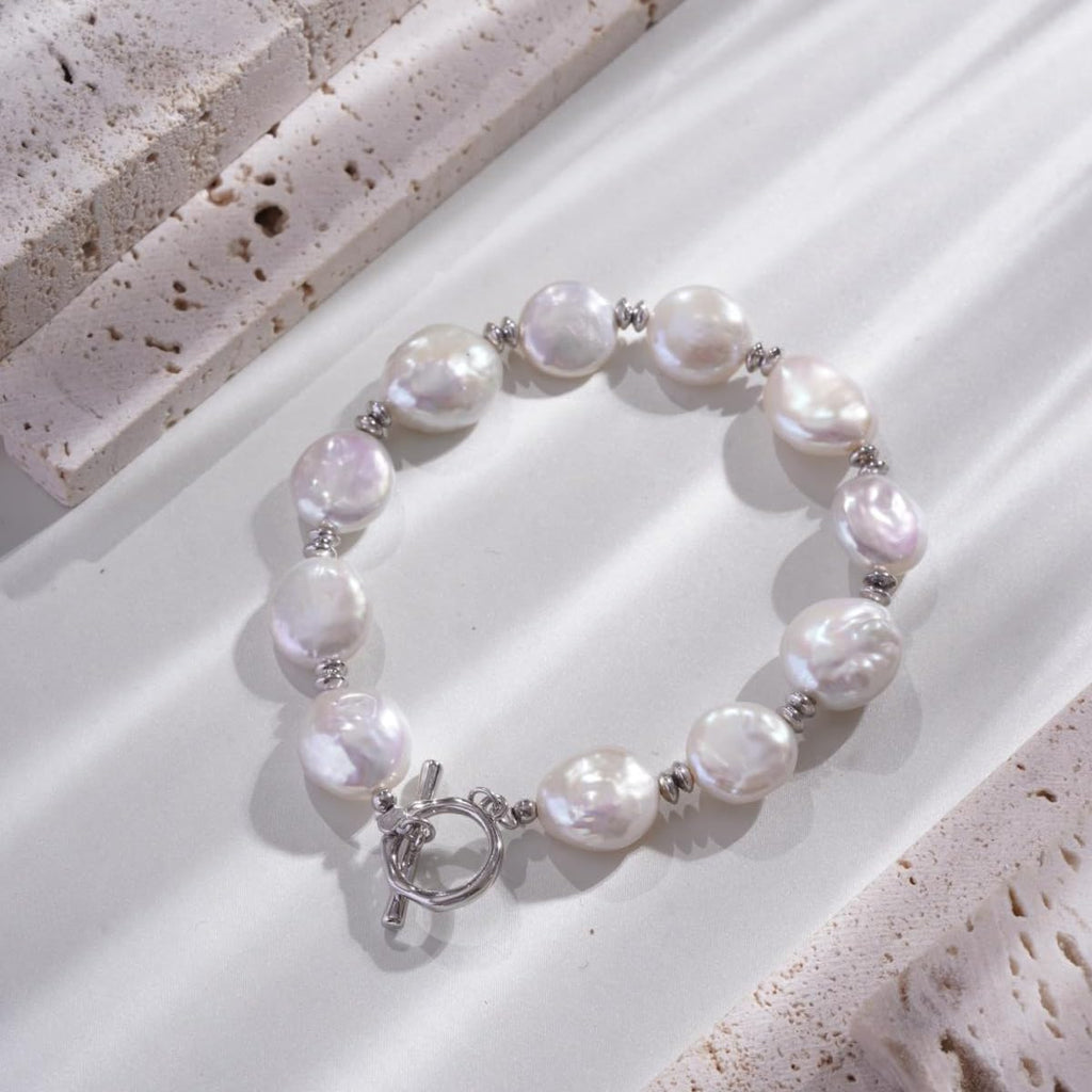 Natural Freshwater Pearl Bracelet  -  Fixed Length 925 Sterling Silver with OT Clasp | Hypoallergenic Women's Gift for Wedding/Birthday
