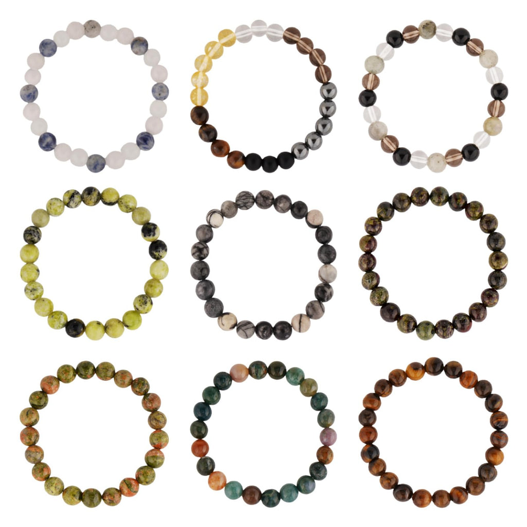9PCS Healing Crystal Bracelet Set for Women & Men, 8mm Natural Stone Beaded Bracelets for Anxiety Relief, Good Luck & Protection, Unisex Yoga Meditation Spiritual Jewelry Gift