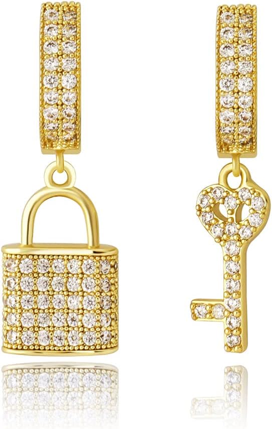 YOSZO Iced Out Dangle Hoop Earrings 14K Gold Silver 5A+ Cubic Zirconia Star Pin Lock Key Cartilage Hoop Dangle Drop Earrings For Men Women