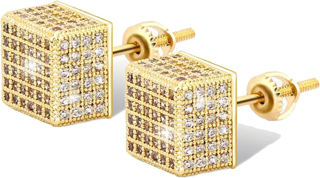 YOSZO 925 Sterling Silver Square Screw Stud Earrings 14K Gold 5A+ Cubic Zirconia Iced Out Square Screw Back Hypoallergenic Cube Large Stud Earrings For Men Women