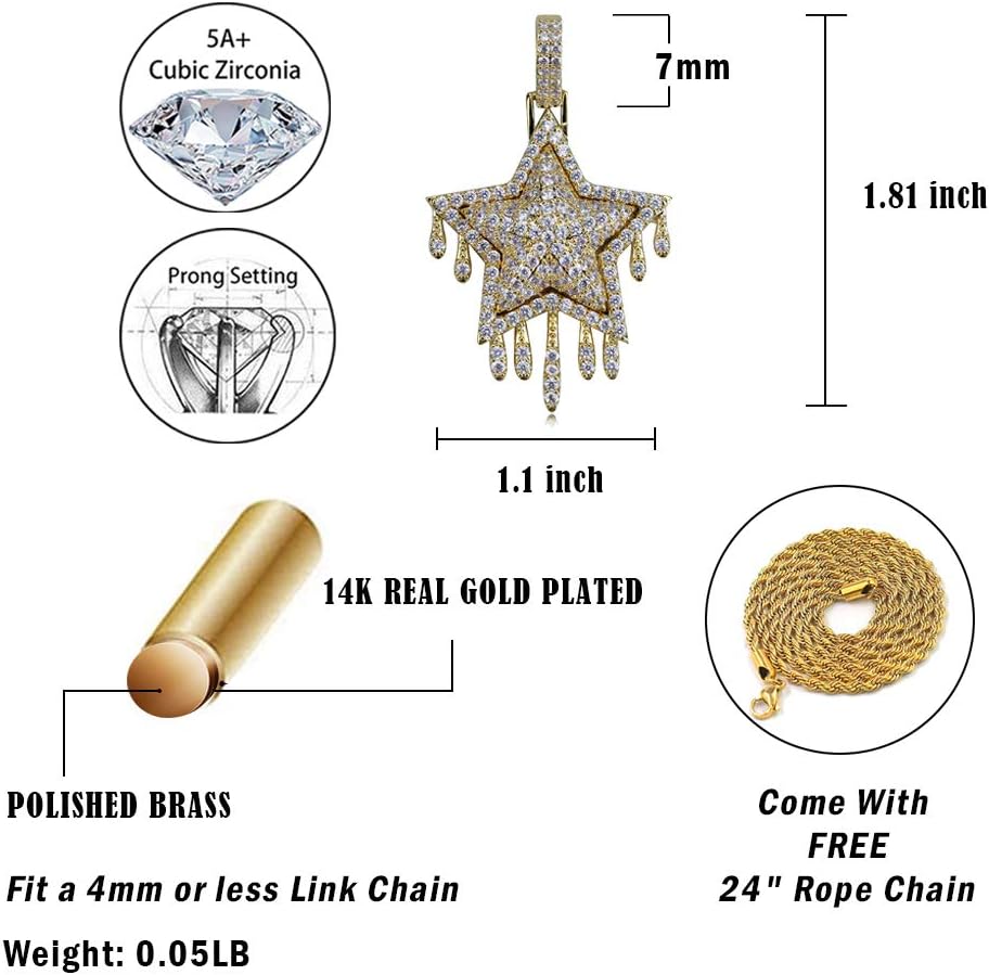 YOSZO 14K Gold Plated Simulated Diamond CZ Drop Pentagram Pendant Chain for Men and Women Necklace Hip Hop Jewelry