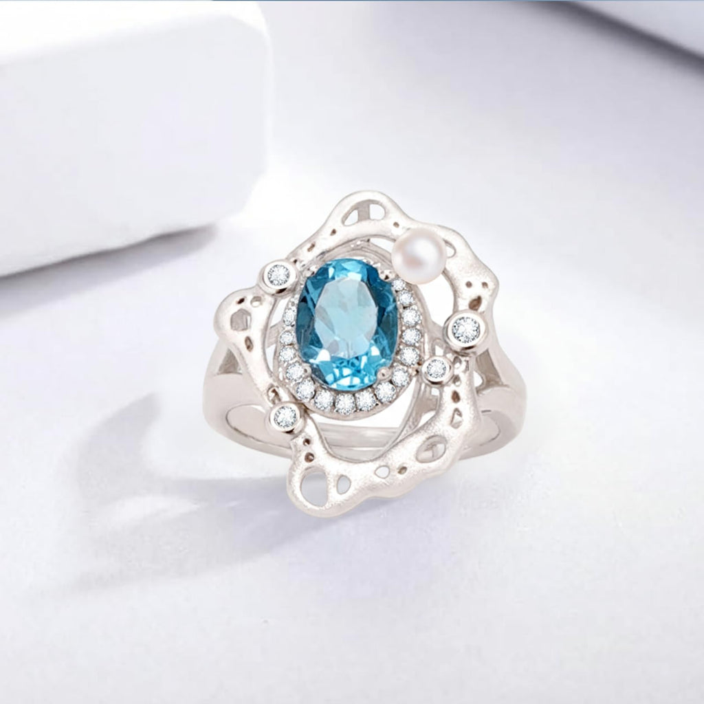 Light Blue Topaz Birthstone Adjustable Ring, December Birthstone 925 Sterling Silver Ring with Zircon Halo, Size 7 Wave Design Coastal Jewelry Gift for Women